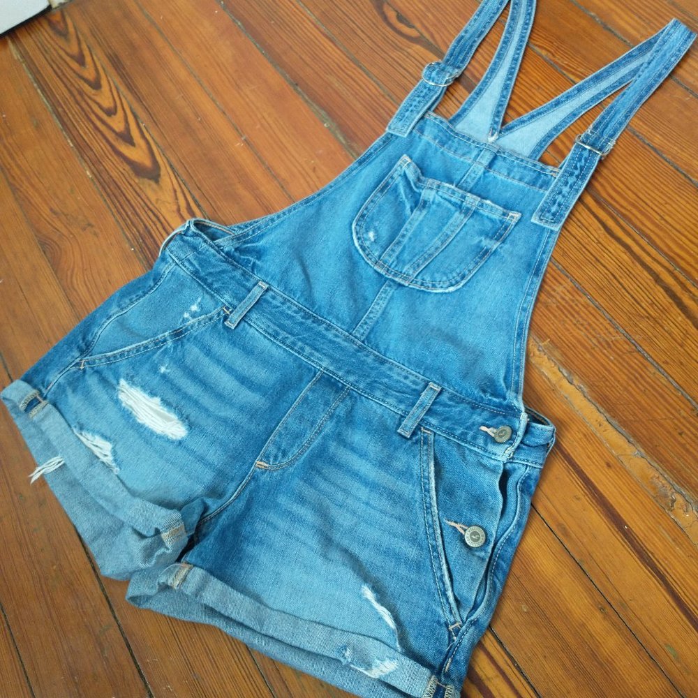Hollister Rolled Cuffed Jean Denim Short Overalls Shortall Romper Size S